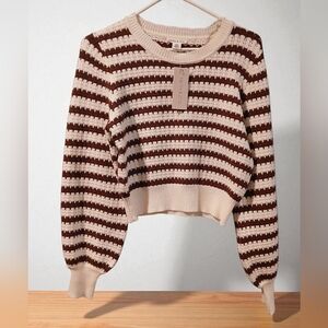 NWT Faith & Zoe Textured Striped Sweater Reddish Cropped Brown Cream Size Small